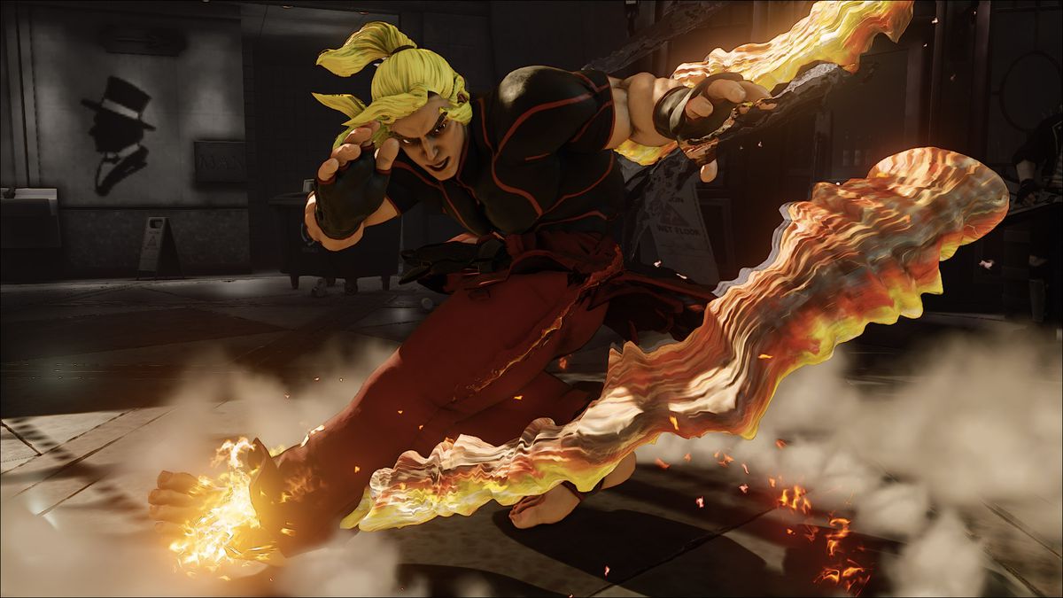 Ken di Street Fighter 5 spara fuoco dalle sue mani e dai suoi piedi mentre esegue un calcio aereo impennato