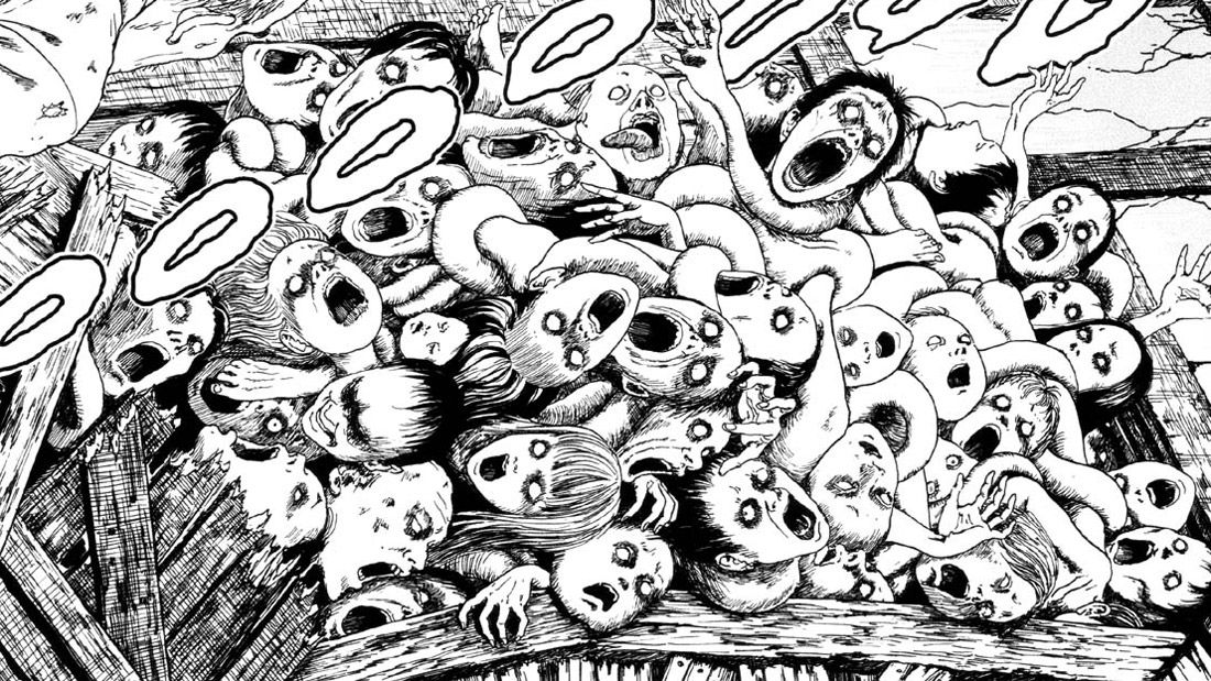 Un pannello in bianco e nero di Uzumaki di Junji Ito.  Un mucchio contorto di facce inorridite sembra urlare, con un intricato lavoro di linee attorno ai loro occhi senza pupille che si aggiunge all'orrore.