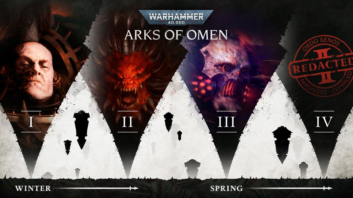 I libri di Arks of Omen di Warhammer 40K, con Abaddon the Despoiler, Angron, Vashtorr e una misteriosa quarta voce.