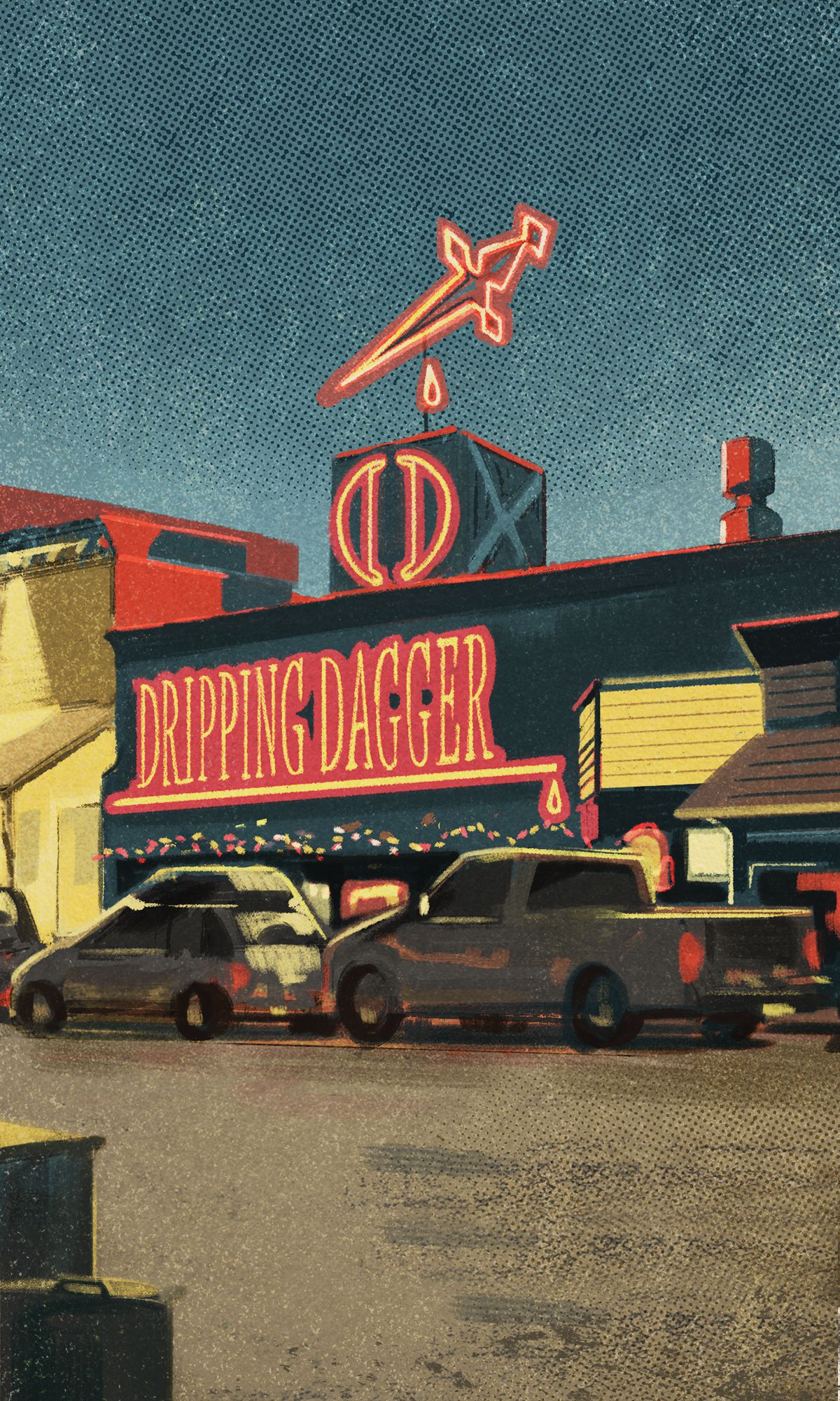 Un club in una tipica strada di una piccola città.  Si chiama Dripping Dagger e un pugnale al neon gocciola sangue sul tetto.