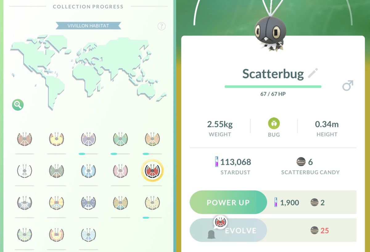 Due menu in Pokémon Go, che mostrano la schermata della medaglia di Vivillon e la schermata delle informazioni di Scatterbug