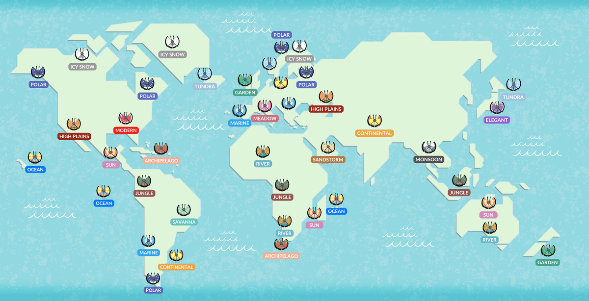 Una mappa del mondo con diversi tipi di Vivillon e motivi sparsi in giro.
