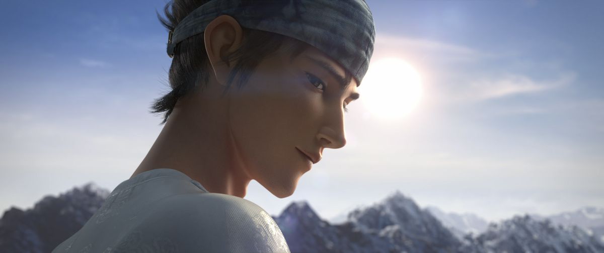 Yang Jian, un giovane cinese in abiti bianchi e una fascia blu, sorride sopra la sua spalla alla telecamera in un primo piano del film d'animazione CG New Gods: Yang Jian