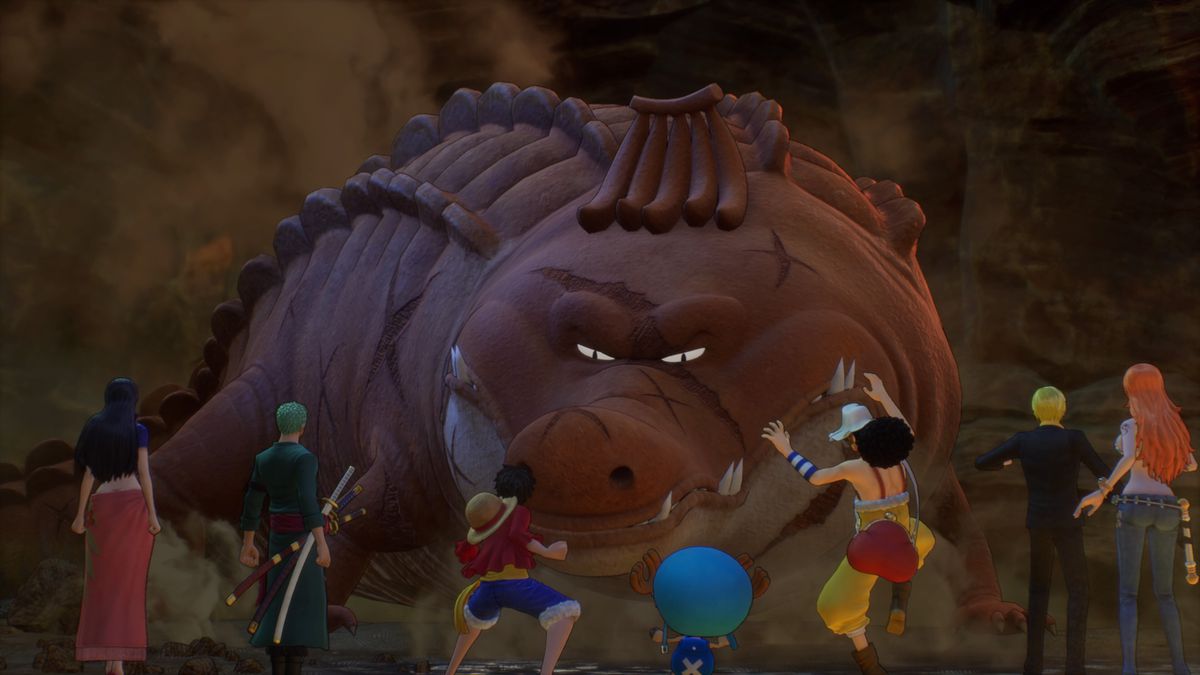 I Cappelli di Paglia si preparano a un possibile combattimento di fronte a un coccodrillo gigante in One Piece Odyssey