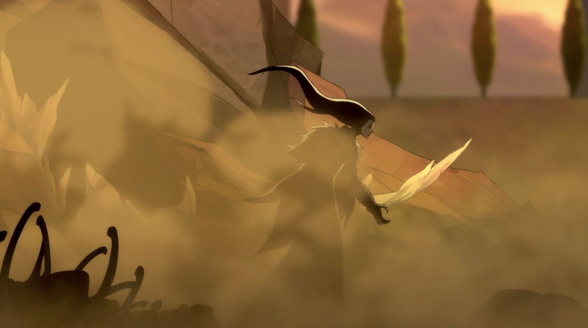 La matrona dei corvi si nasconde tra i resti polverosi della battaglia con una spada brandita in Legend of Vox Machina