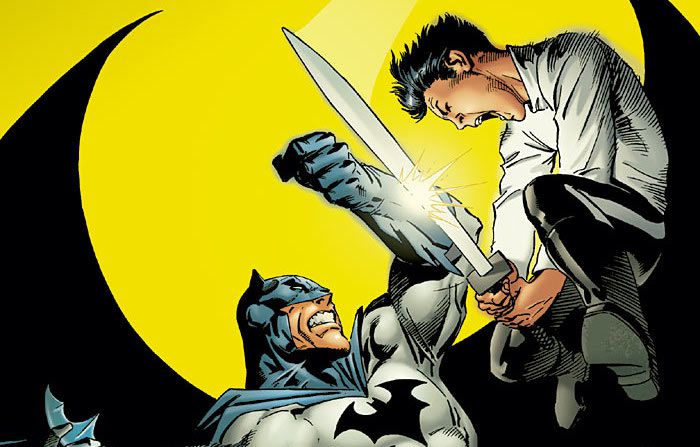 Damian Wayne attacca suo padre, Batman, con una spada sulla copertina di Batman # 657 (2006). 