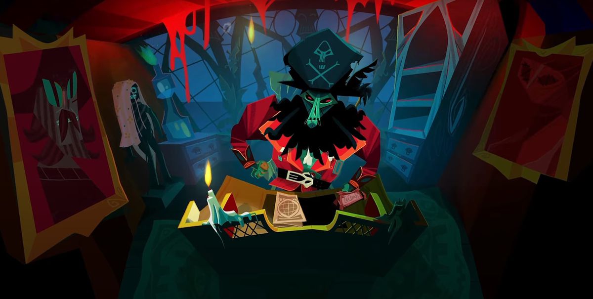 LeChuck di Return to Monkey Island legge una mappa.  È vestito come un pirata e puoi vedere la sua scrivania illuminata da una candela mentre scrive. 