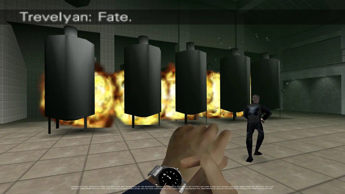 James Bond attiva gli esplosivi sui serbatoi di gas nella missione Facility in GoldenEye 007