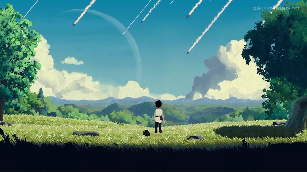 disegno per Pianeta di Lana in stile pittorico, con un bambino che guarda il cielo con dei missili 