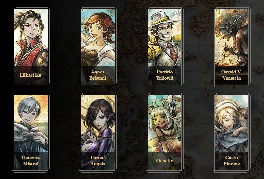 I personaggi di Octopath Traveller 2 allineati su uno schermo selezionato