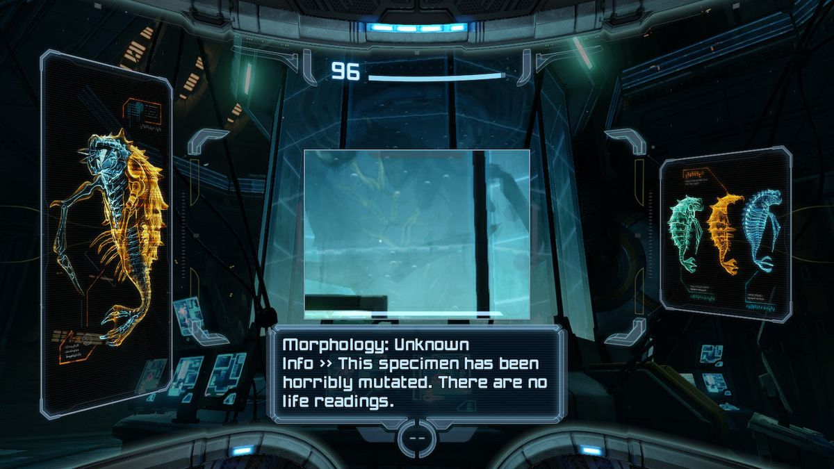 Samus legge una voce di dati su una creatura in Metroid Prime Remastered