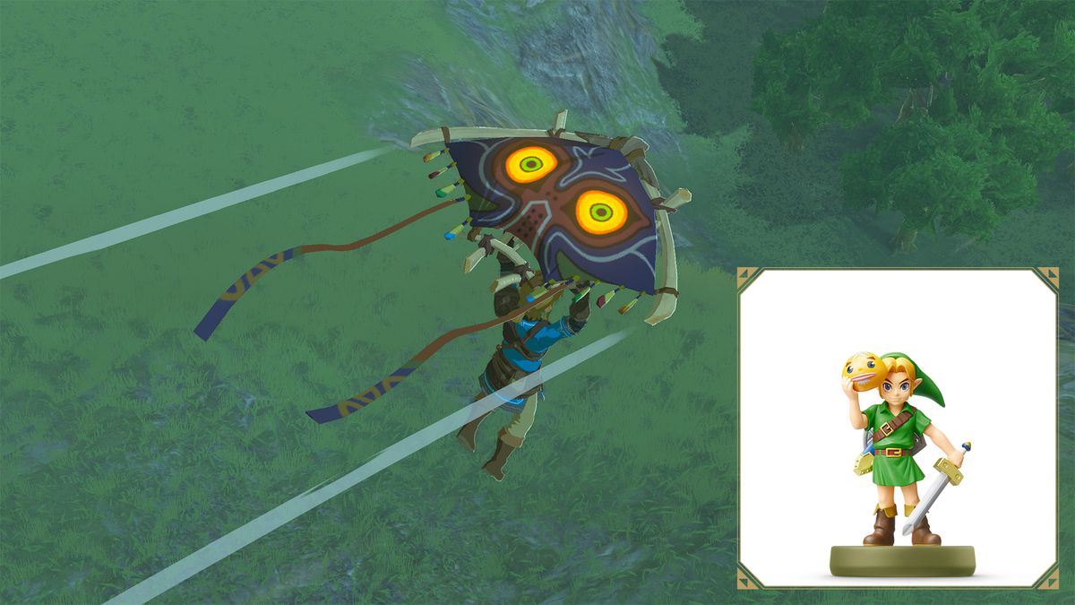 Link plana in Tears of the Kingdom usando un aliante ispirato a Majora's Mask.  L'amiibo del giovane Link di Majora's Mask è nell'angolo in basso