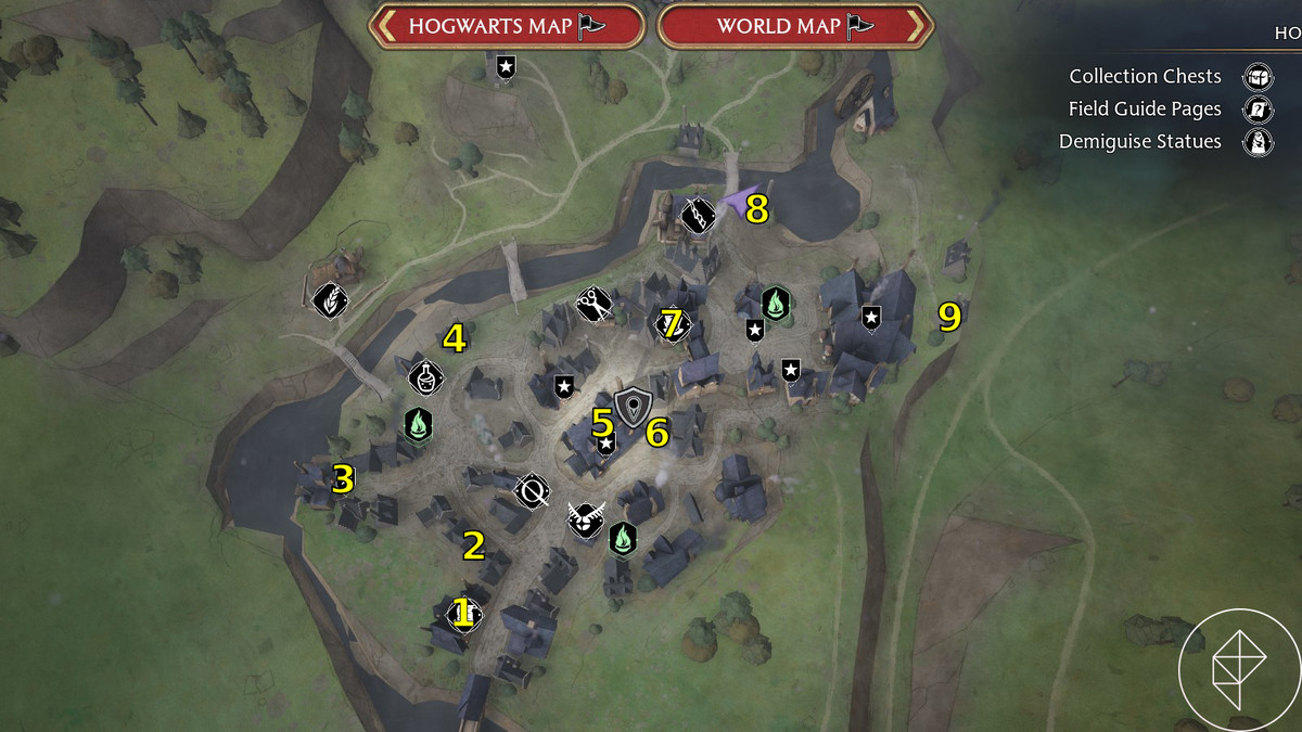 Demiguise posiziona i numeri su una mappa di Hogsmeade in Hogwarts Legacy