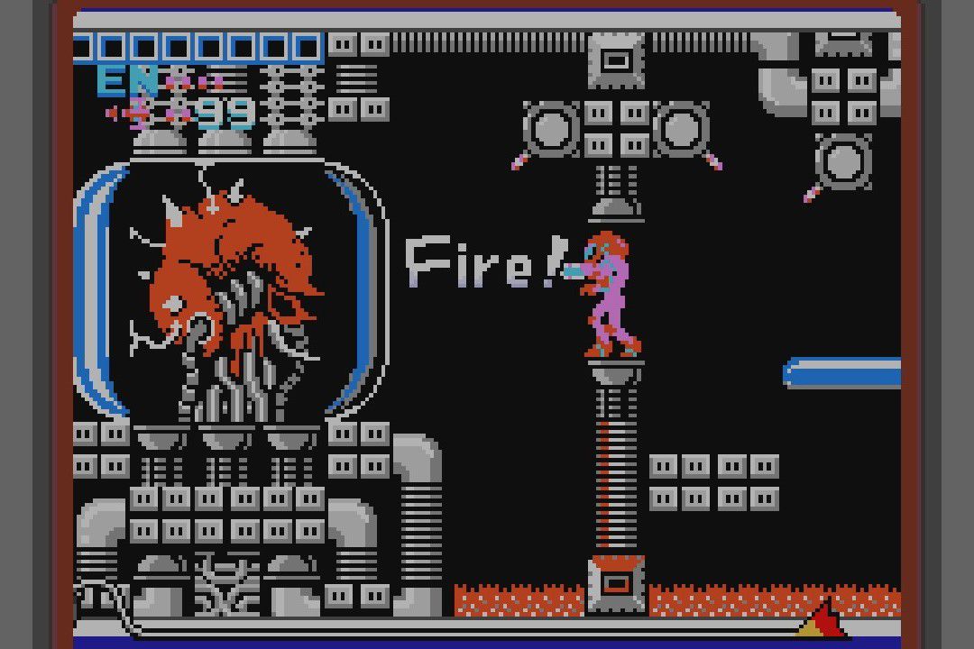 Uno screenshot da NES Metroid, con Samus che affronta Mother Brain.  Sopra è sovrapposta la parola 