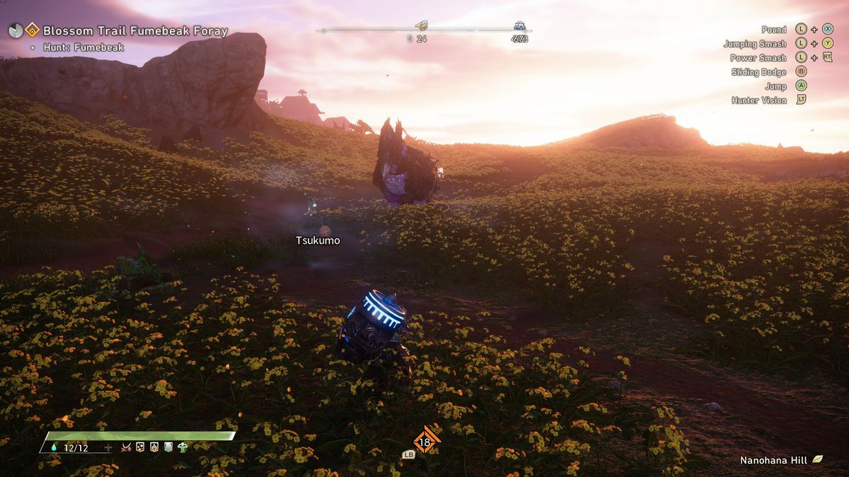 Il personaggio del giocatore si accovaccia in un campo di papaveri al tramonto mentre caccia un mostro in Wild Hearts