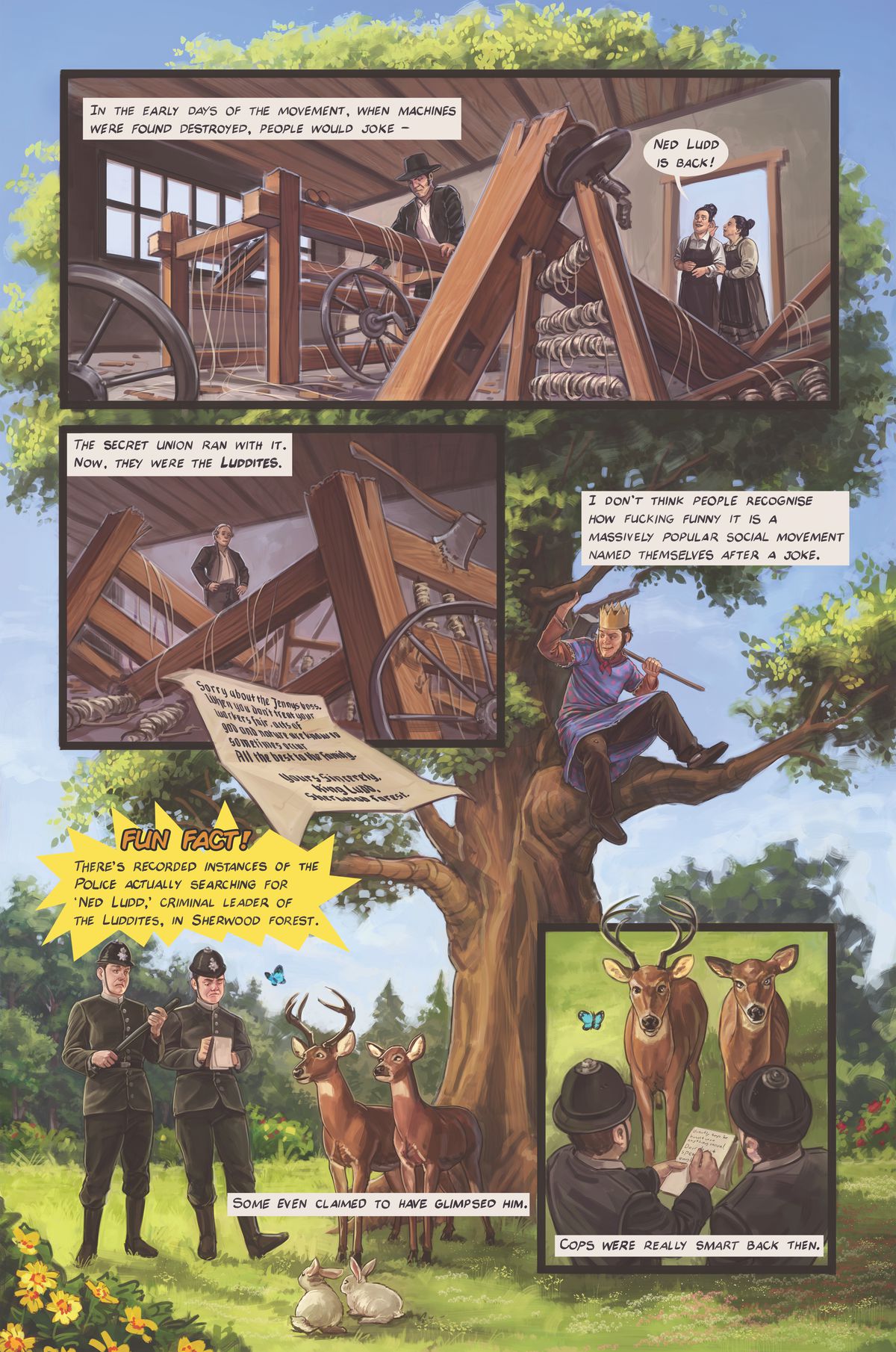 Una pagina a fumetti che descrive come i sindacati hanno adottato la figura folcloristica di Ned Ludd come loro leader per evitare la cattura.