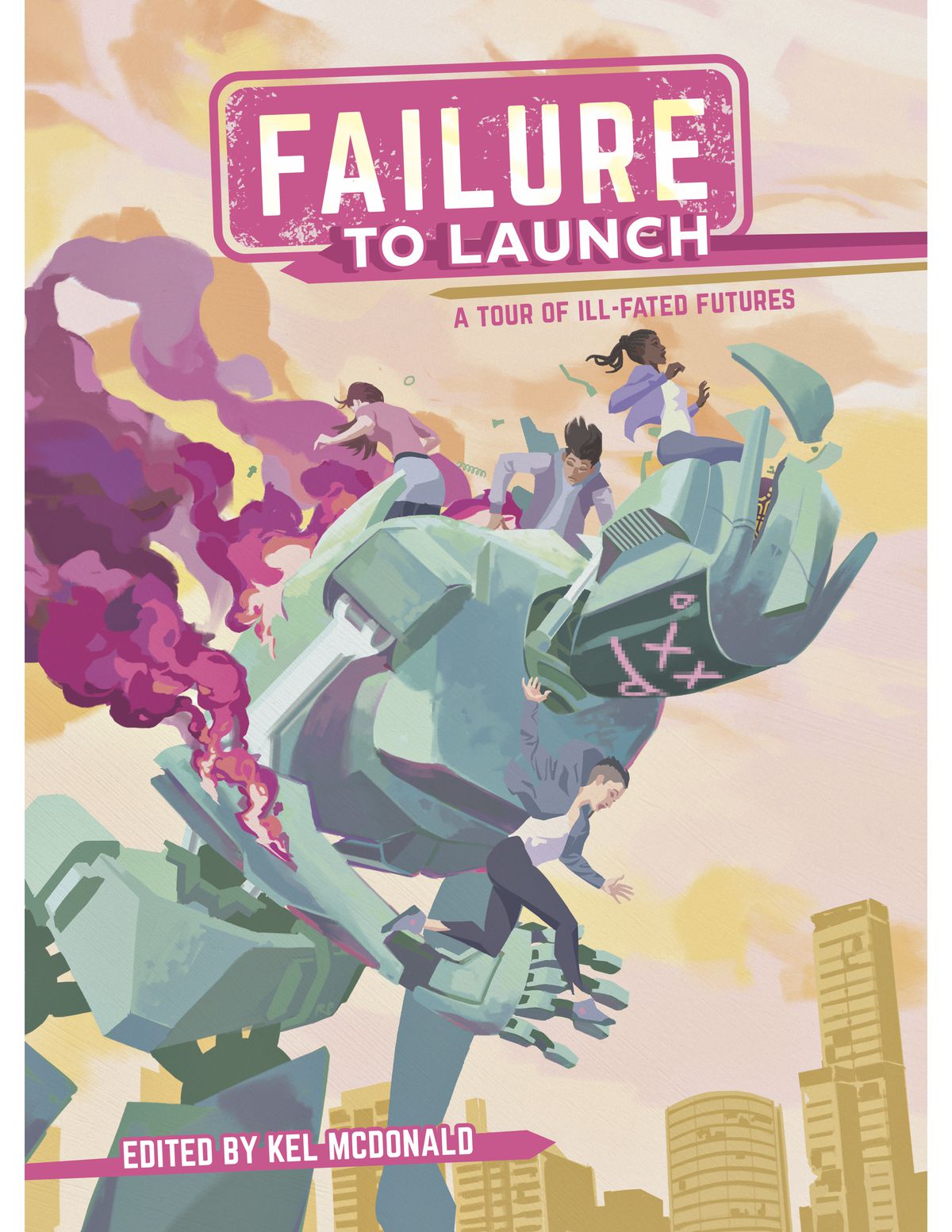 Un quartetto di persone salta da un grande robot che si rovescia, mentre va in fiamme, sulla copertina di Failure to Launch.