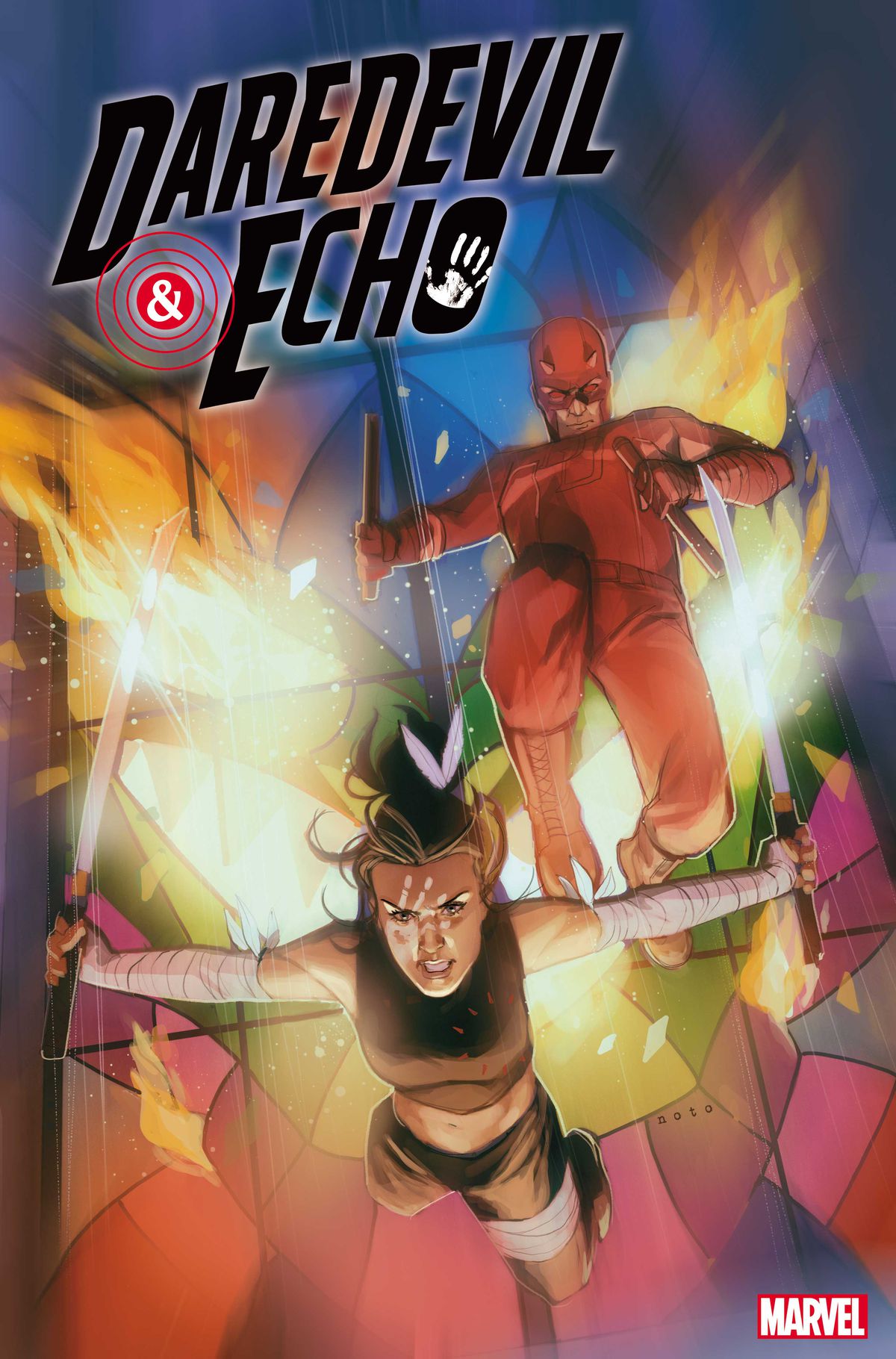 Echo e Daredevil esplodono attraverso un dolore di vetro colorato pronti per la battaglia nella copertina di Daredevil & Echo # 1