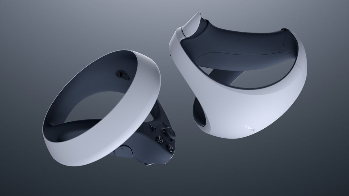 I controller VR2 Sense fluttuano su uno sfondo grigio