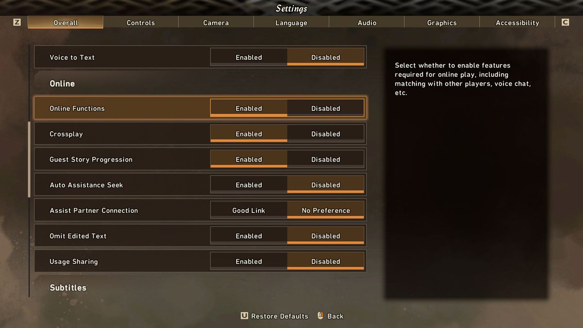 Il menu multiplayer di Wild Hearts mostra le opzioni per alternare varie impostazioni online.
