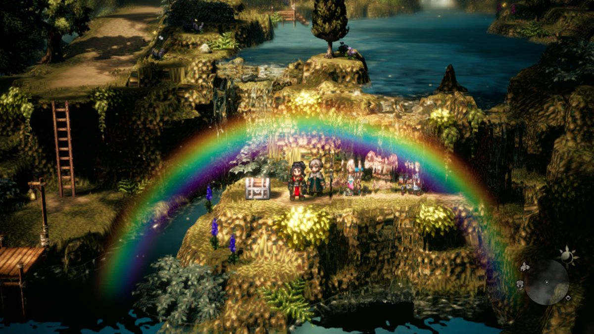 Osvald si trova sotto un arcobaleno su scogliere ricoperte di edera in Octopath Traveller 2