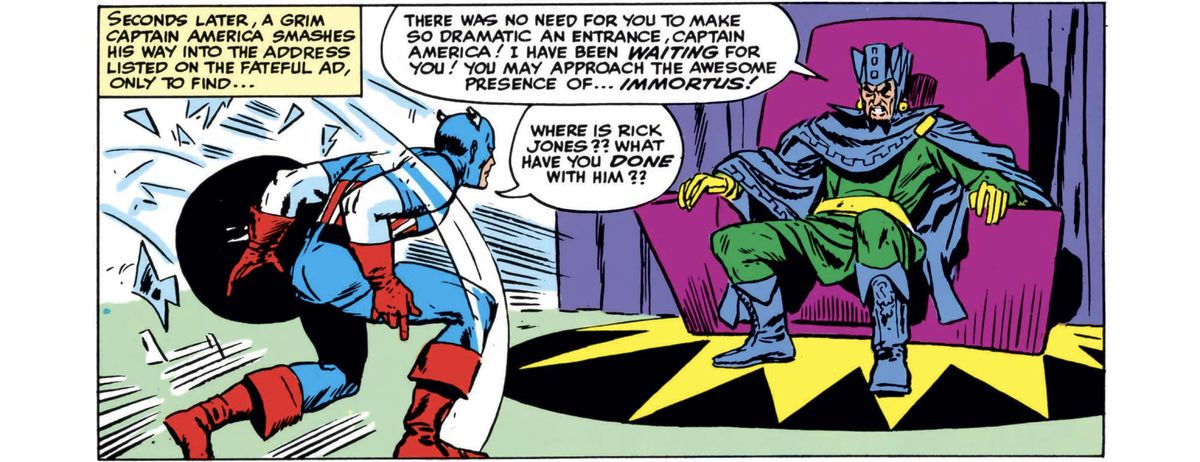 Capitan America affronta Immortus, che è seduto su un trono con indosso un cappello alto.  