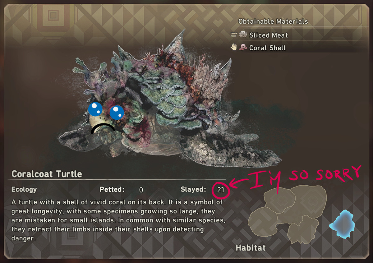 La voce Wild Hearts per la Tartaruga Coralcoat.  Il numero accarezzato è zero e il numero ucciso è 21. La tartaruga ha grandi occhi tristi e un cipiglio disegnato.  Qualcuno ha scritto 