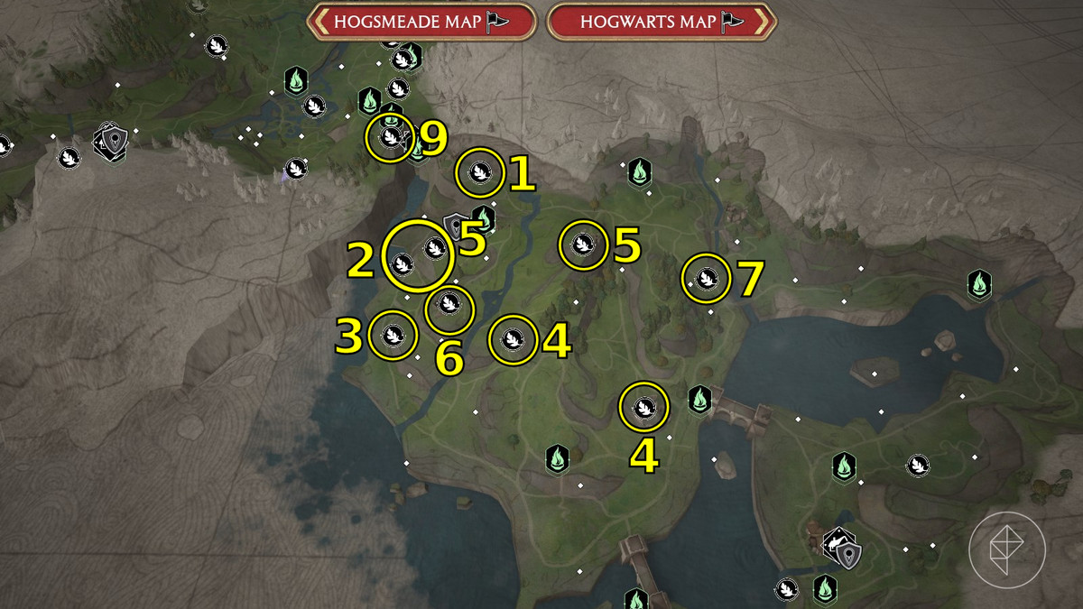 Mappa annotata di tutti i luoghi del Processo Merlino in Poidsear Coast of Hogwarts Legacy