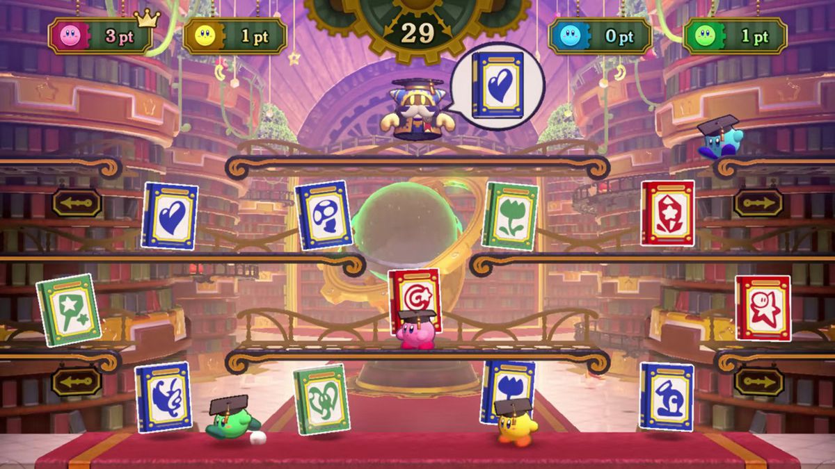Kirby e i suoi amici giocano a un gioco di carte platform in Kirby's Return to Dreamland Deluxe