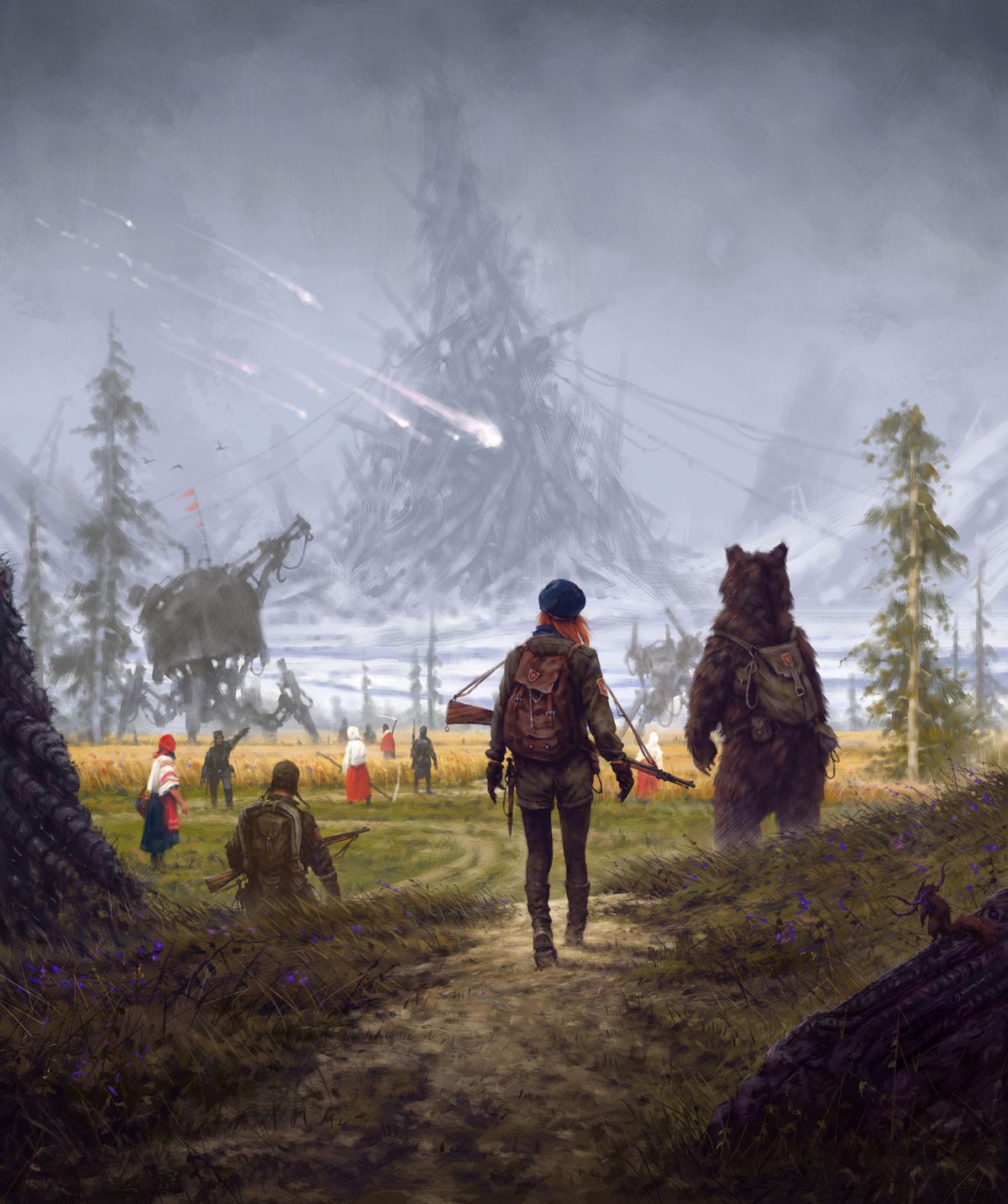 Una donna e un orso attraversano i campi di un contadino verso un mucchio di metallo all'orizzonte.  I meteoriti cadono a media distanza.