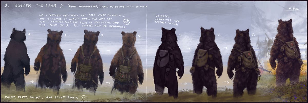 L'evoluzione di un orso, la compagna del soldato Anya, nella copertina di Expeditions.  Include diverse versioni dell'orso ritenute troppo umane, prima di stabilirsi in una posa leggermente sbilanciata, contra posto.