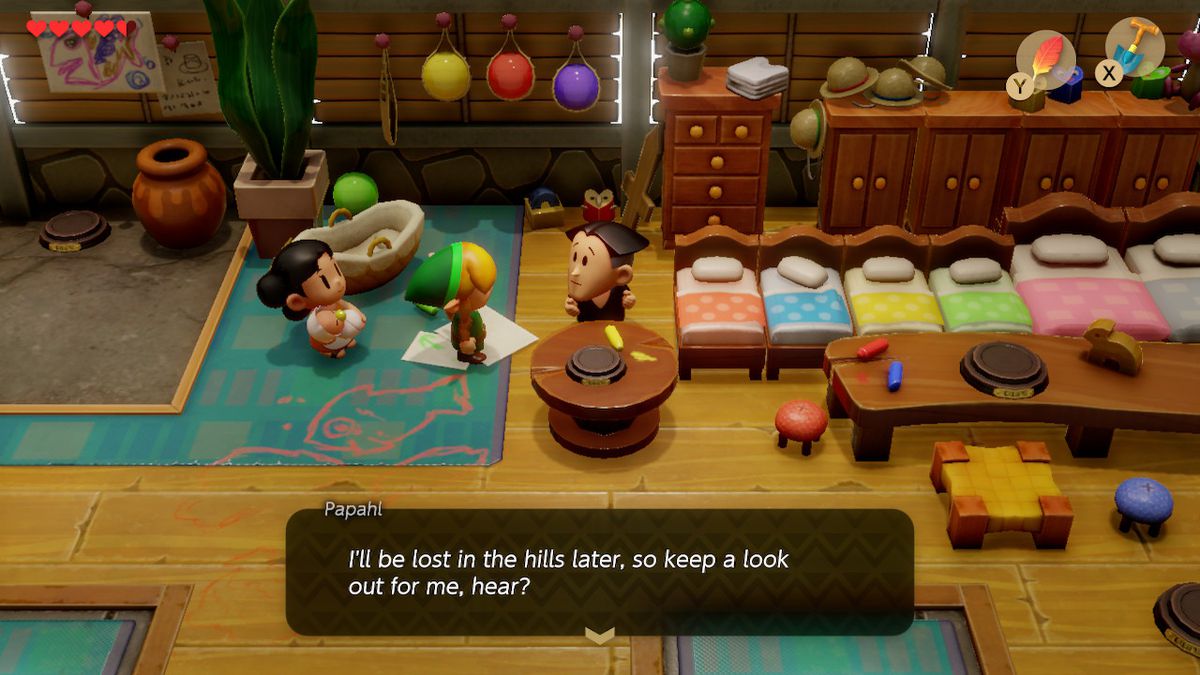 Lijnk parla con Papahl a casa sua nel remake di The Legend of Zelda: Link's Awakening