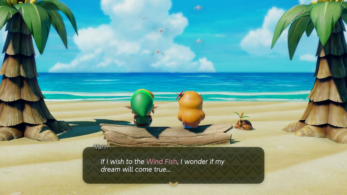 Link siede accanto a Marin su un tronco sulla spiaggia in The Legend of Zelda: Link's Awakening remake