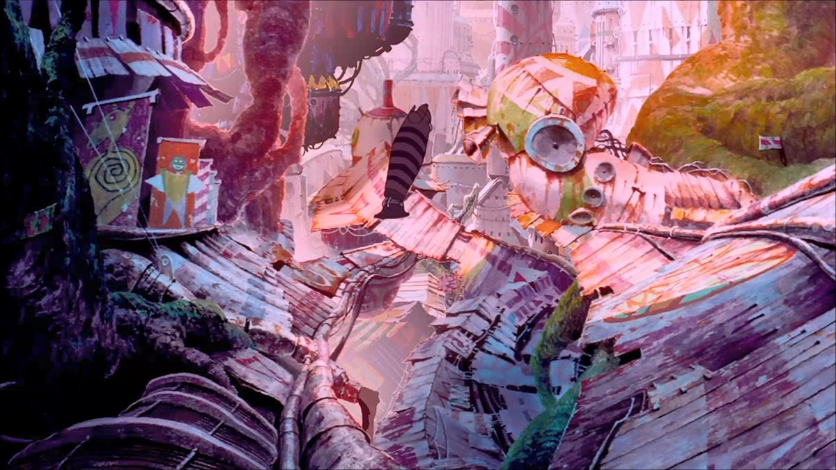 Una ripresa panoramica animata di una città futuristica fatiscente fatta di lamiera di scarto dipinta con graffiti colorati dal cortometraggio anime del 1997 Noiseman Sound Insect.