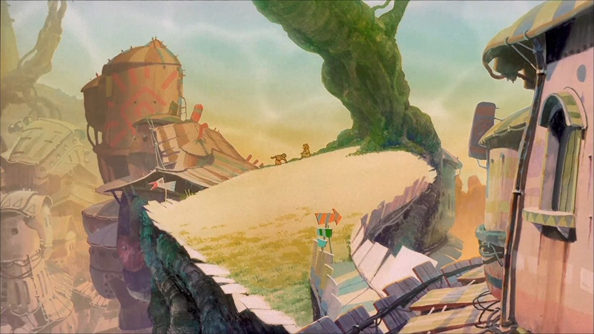 Una panoramica animata di una collina erbosa arroccata in cima a una guglia traballante di lamiera e travi di ferro battuto dal cortometraggio anime del 1997 Noiseman Sound Insect.