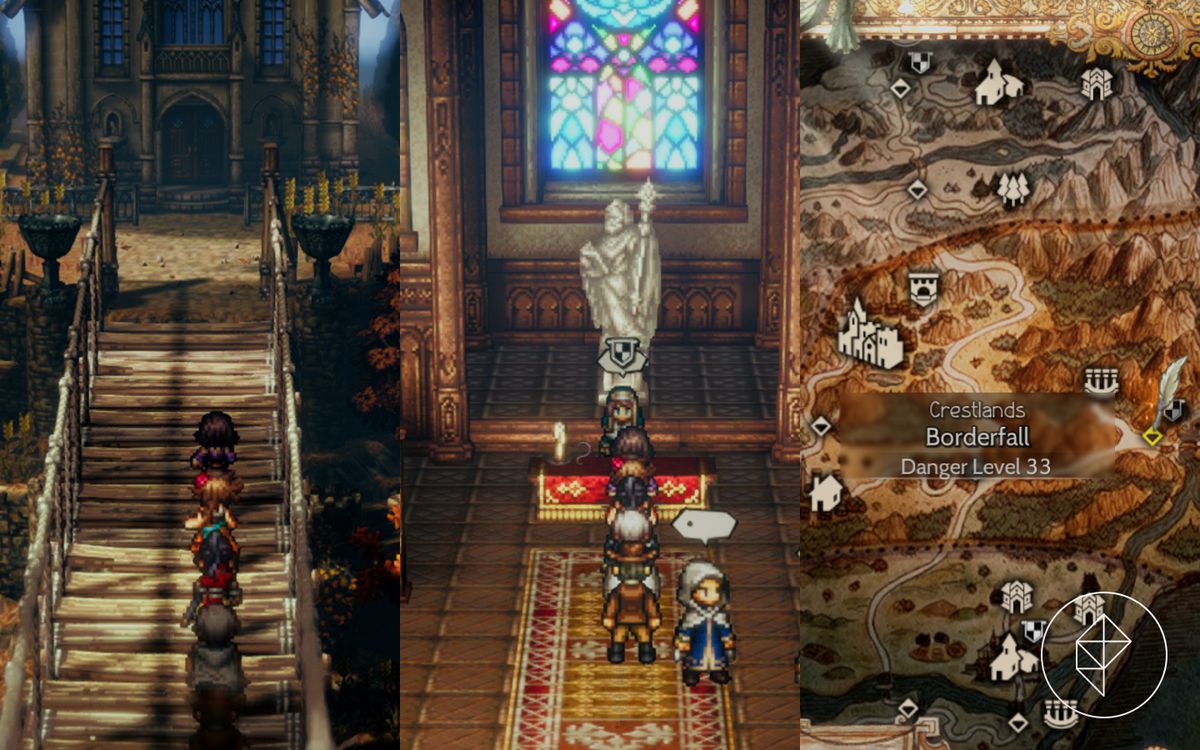Una banda di personaggi di Octopath Traveller 2 corre attraverso un ponte in una chiesa