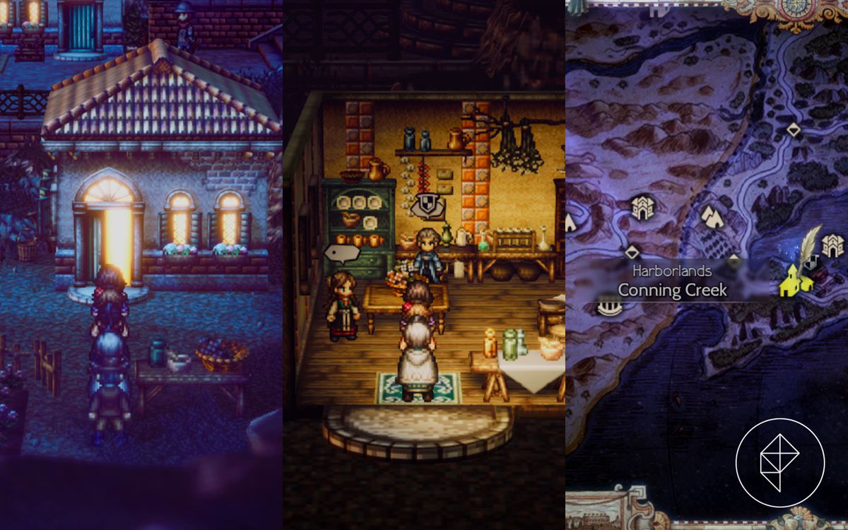 Una folla di personaggi di Octopath Traveller 2 entra in una casa in una città notturna