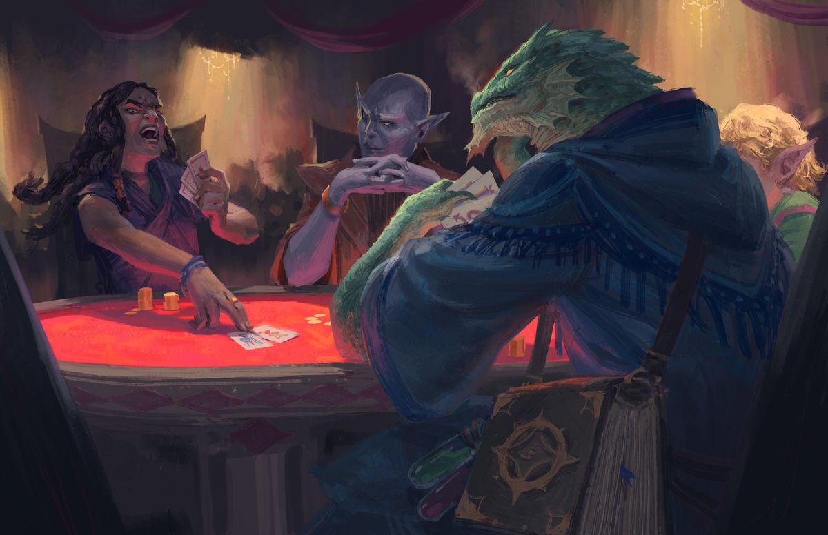 Un gioco di Three Dragon Ante, giocato da un dragonide e da una presentatrice.  Al tavolo siede anche un personaggio grigio, con le orecchie a punta.