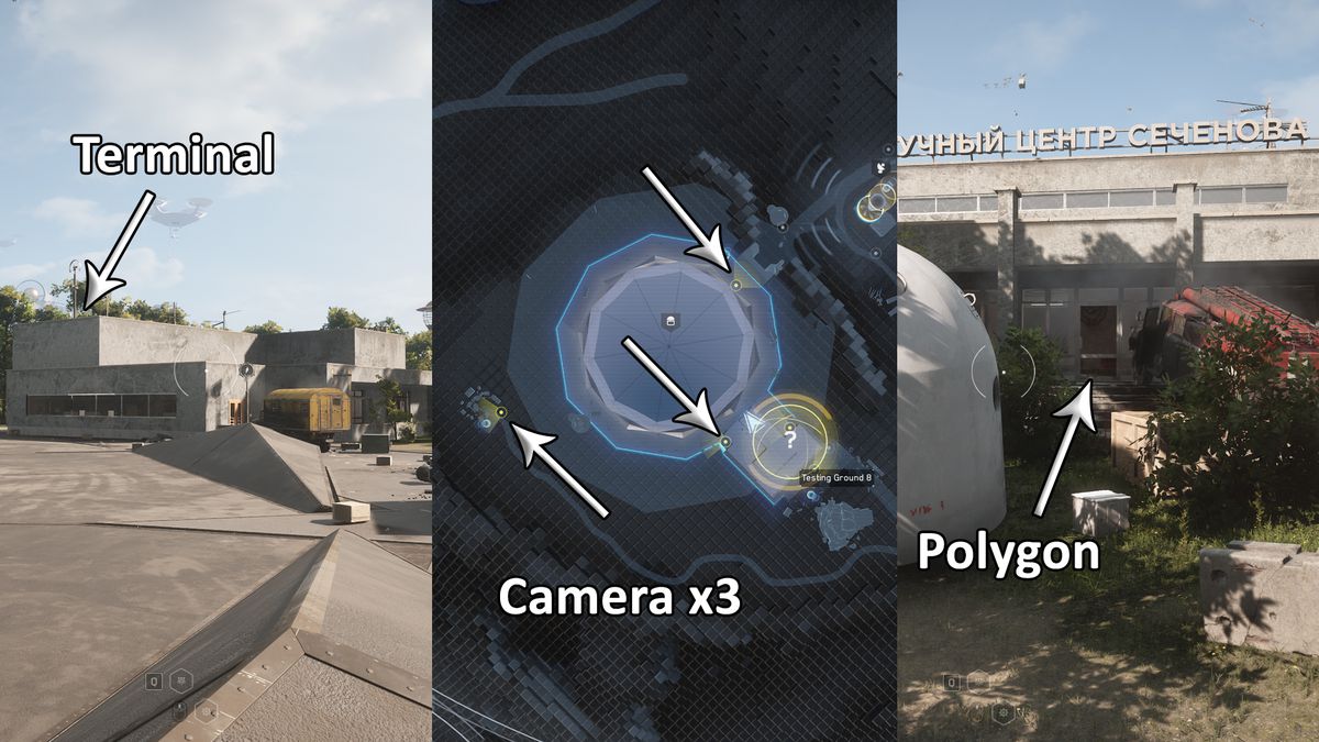 Tre immagini verticali mostrano la telecamera, il bunker e il terminale per il campo di prova 8 del poligono di Atomic Heart.