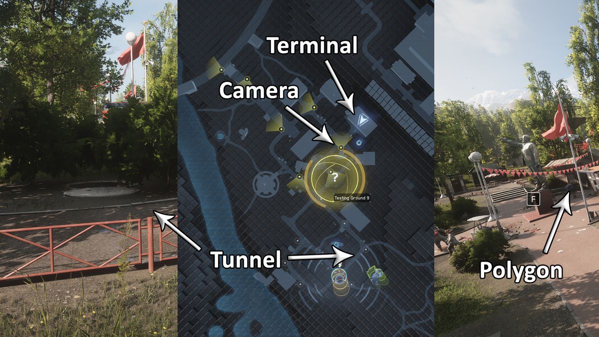 Tre immagini verticali mostrano un bunker, un tunnel, una telecamera e un terminale per accedere al campo di allenamento 9 dell'Atomic Heart.
