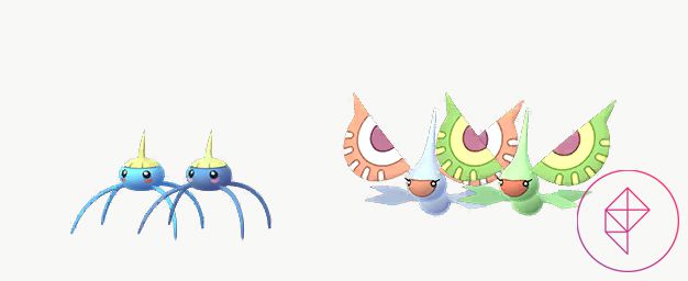 Shiny Surskit e Masquerain in Pokémon Go con le loro forme normali.  Surskit diventa di un blu più scuro e Masquerain diventa verde.