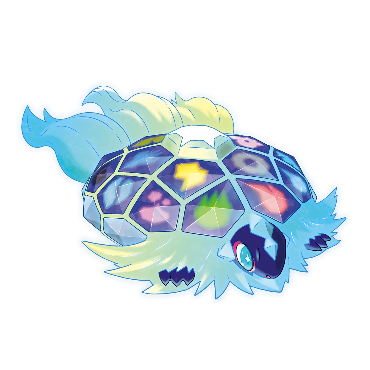 Arte per Terapagos.  Terapagos sembra una creatura oceanica che sembra ispirarsi anche al Terastal Phenomenon.  Sul retro, possiamo vedere riferimenti visivi a vari tipi elementali in Pokémon.  