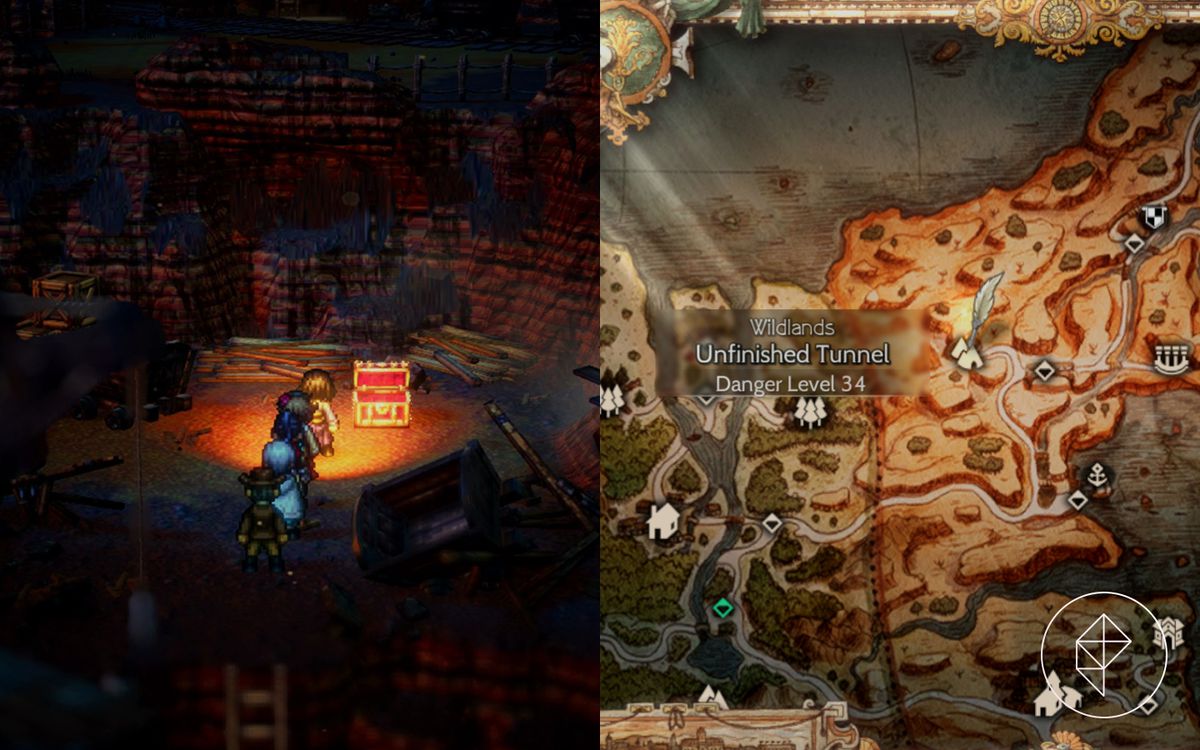 Throné e altri personaggi di Octopath Traveller 2 si trovano di fronte a una cassa aperta in una miniera
