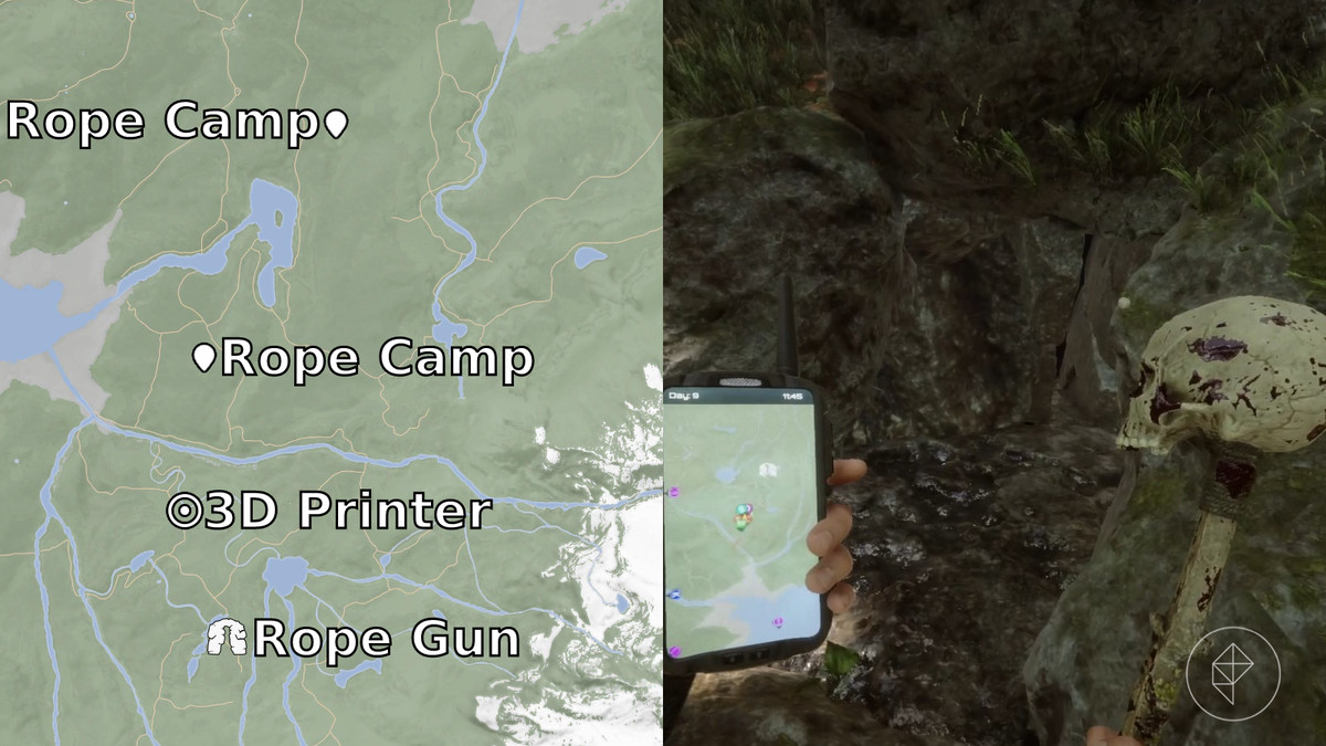 Ingresso al bunker della stampante 3D in Sons of the Forest rappresentato da una mappa annotata e un'immagine del gioco contenente un localizzatore GPS e una mazza cranica insanguinata.