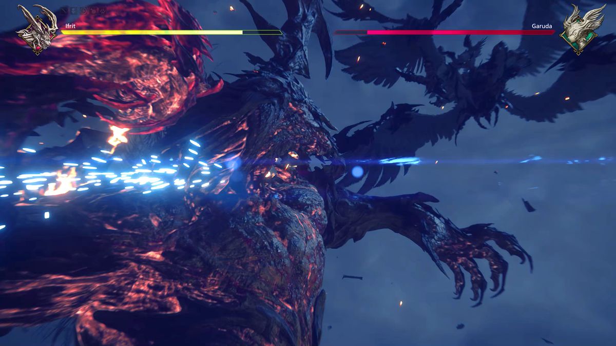 L'Eikon Ifrit finisce per lanciare una palla di fuoco contro un Garuda volante in una battaglia di Eikon Clash da Final Fantasy 16