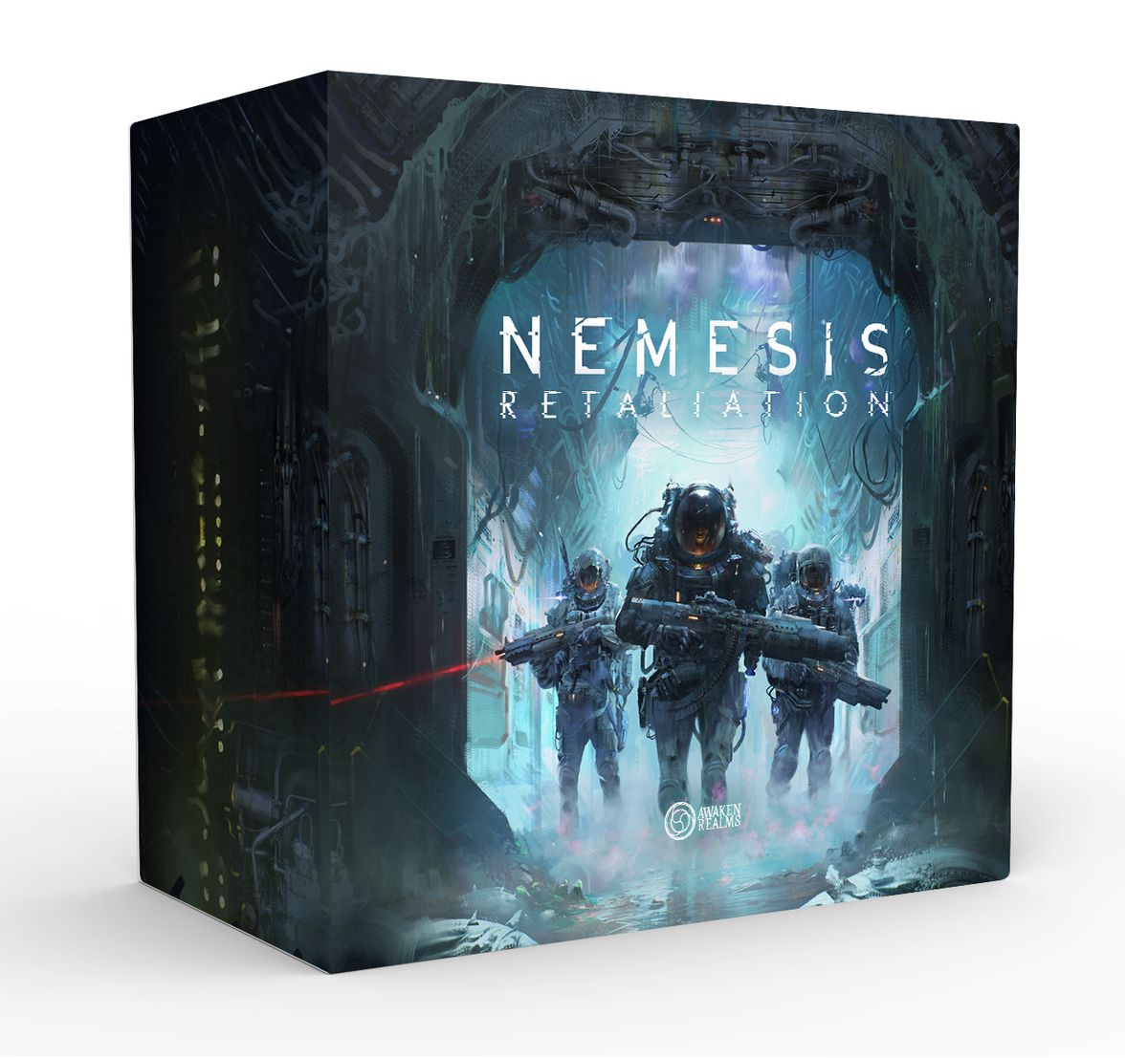 Un mockup per la box art di Nemesis: Retaliation mostra marine spaziali pesantemente corazzati in tute pressurizzate.