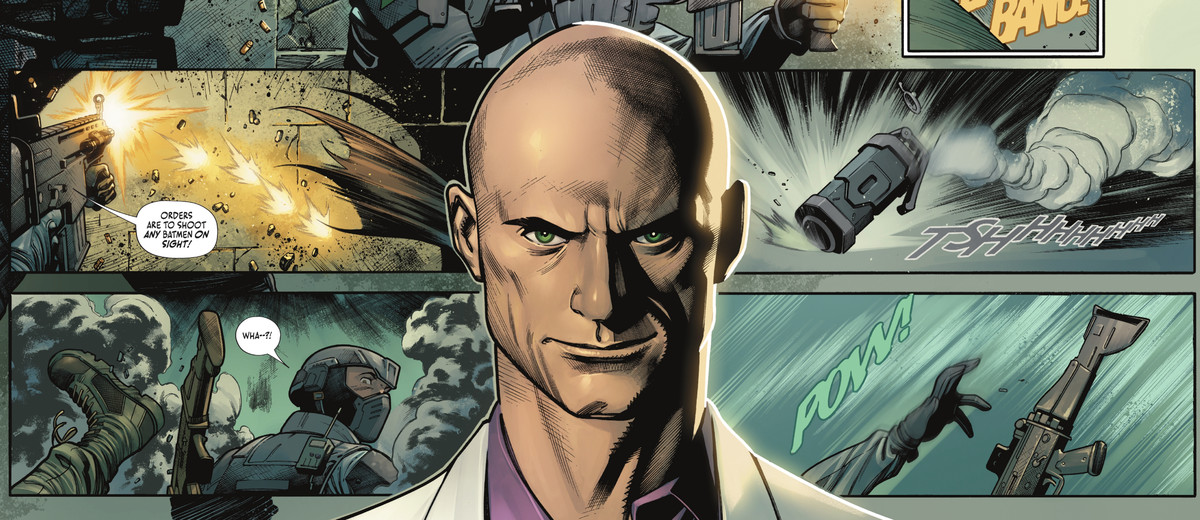 La faccia di Lex Luthor, sovrapposta a uomini armati che eliminano un bersaglio, da Batman # 119 (2022).