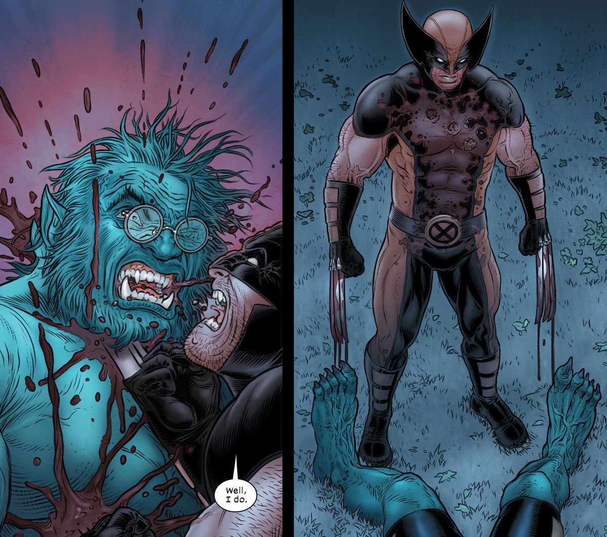 Wolverine accoltella Beast alla gola e allo sterno e, coperto di sangue, lo guarda sanguinare in Wolverine # 30 (2023). 