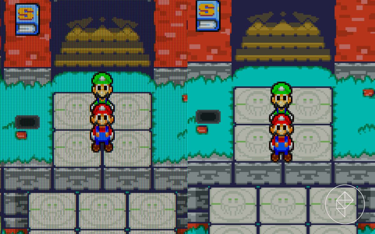 Due confronti di Mario e Luigi davanti a Woohoo Hooniversity.  L'immagine a sinistra ha un filtro simile a una griglia su di essa e l'immagine a destra è più chiara