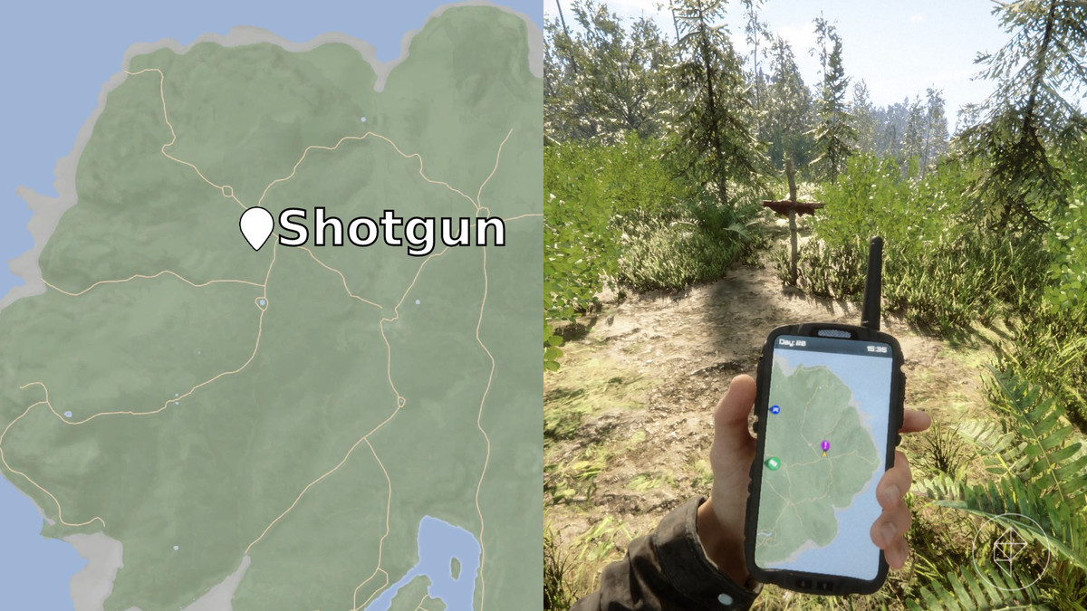 Posizione del fucile in Sons of the Forest rappresentata da una mappa con annotazioni e uno screenshot del gioco.